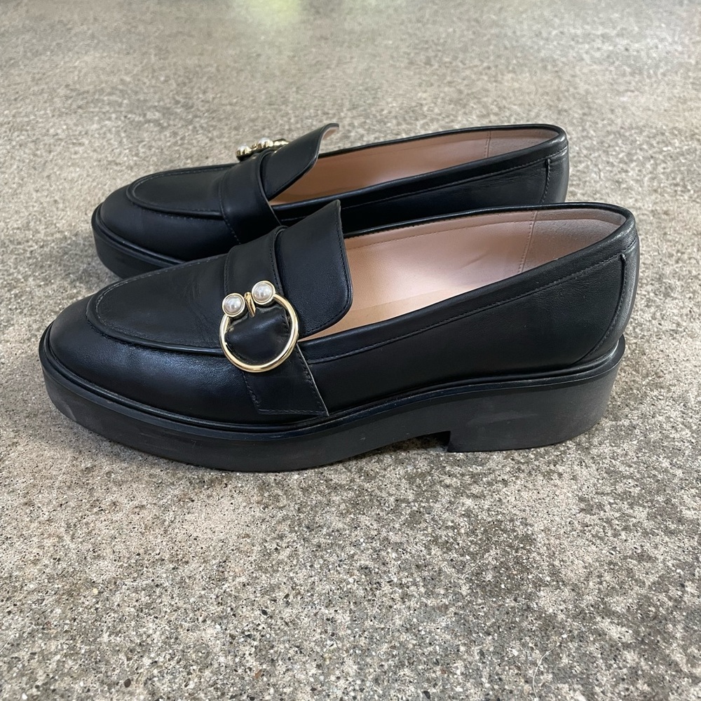 Stuart Weitzman Black Loafers with Gold and Pearl Detail